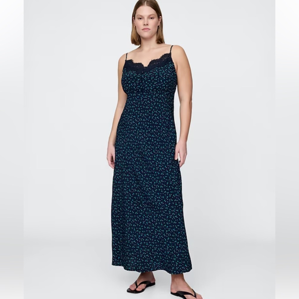 GAP Navy Floral Lace Crepe Lace-Trim Sweetheart Maxi Dress L Tall nwt